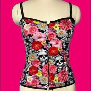 Hell Bunny Skull & Floral Corset Top ☠️🌸🎀